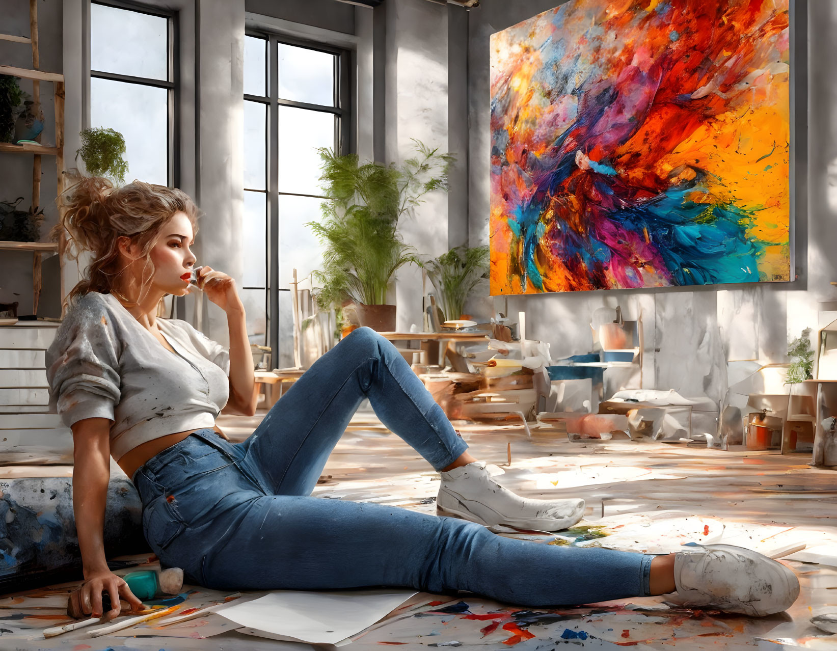 Woman in sunlit art studio surrounded by artworks and plants