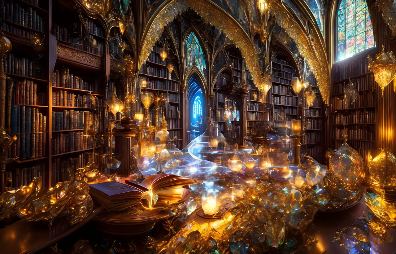 Enchanting library with arched ceilings, magical lights, books, open tome, stained glass.