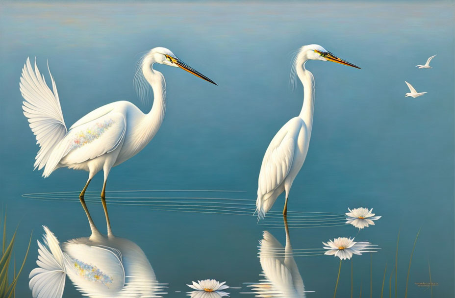 Great Egrets and Water Lilies in Blue Waterscape