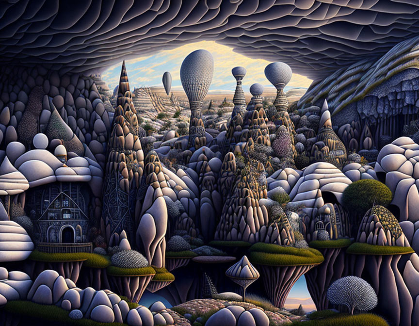 Surreal landscape with mushroom-like stone structures and lone house