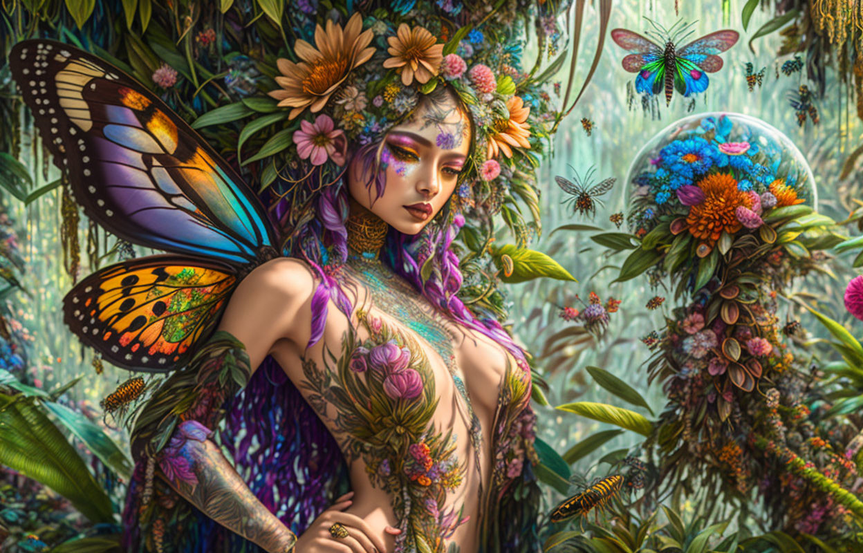 Fantasy illustration of woman with butterfly wings in vibrant garden