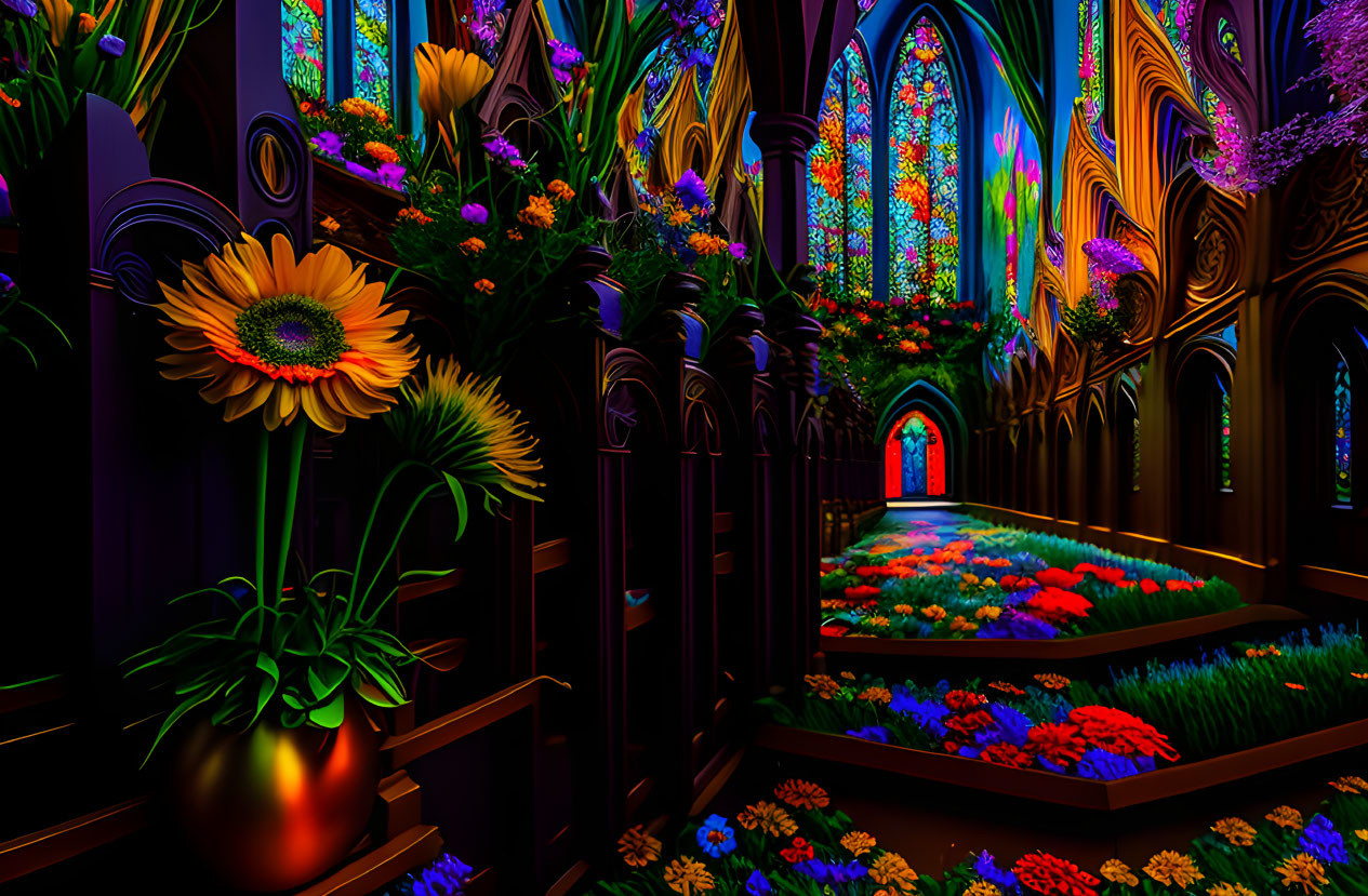 Colorful Gothic Cathedral Interior with Flowers, Plants, and Stained Glass