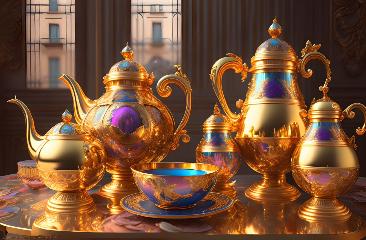 Golden teapot set with intricate designs on a reflective table - luxurious and royal.