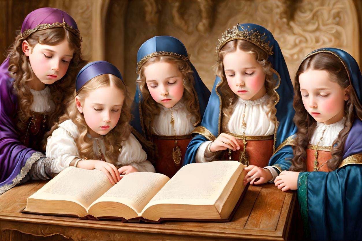 Five young girls in historical dresses reading a large open book together in ornate setting