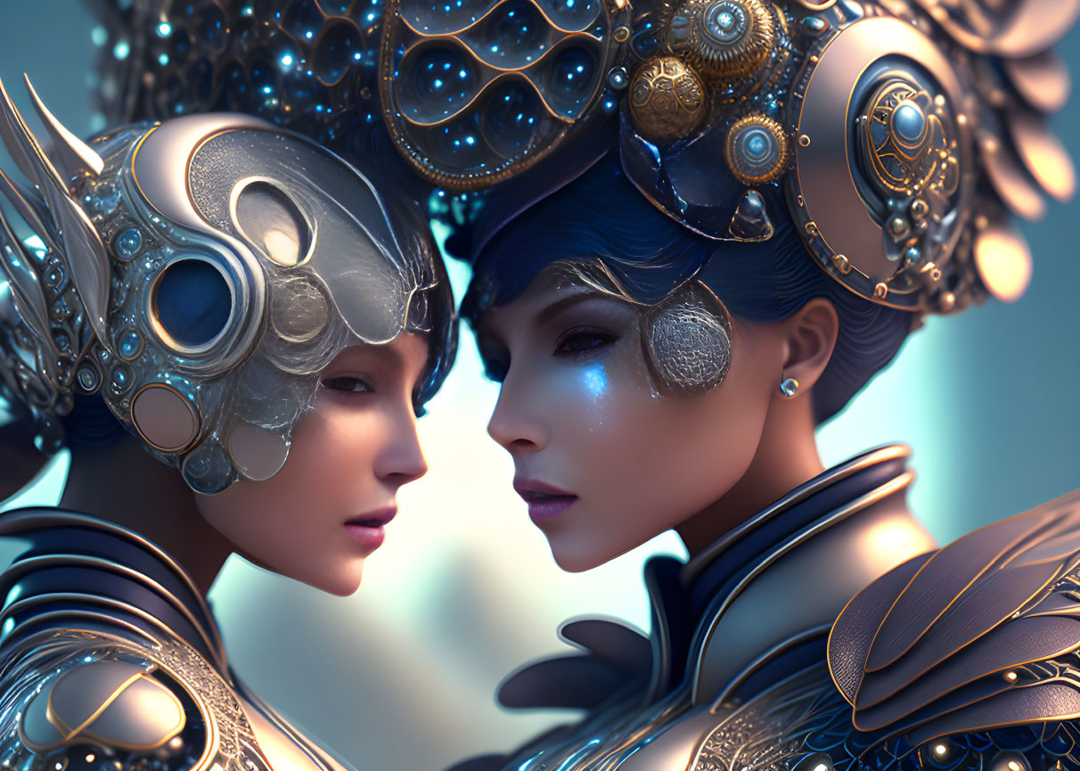 Futuristic humanoid figures in intricate metallic headgear and armor engage closely