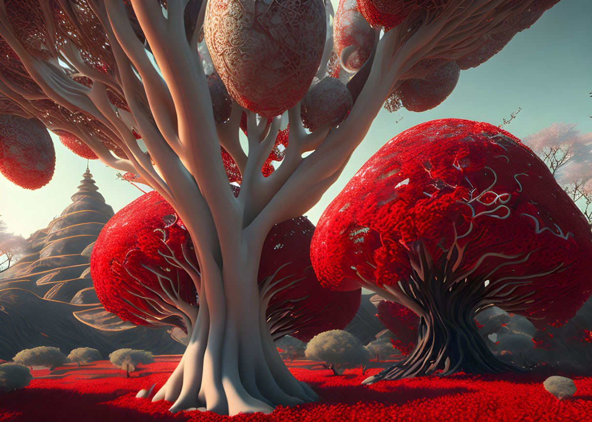 Fantastical landscape with oversized red-leafed trees and textured pods under a hazy sky