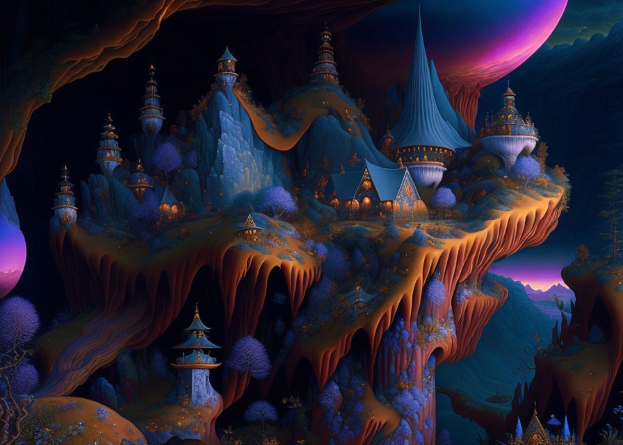 Fantastical twilight landscape with glowing structures on cave formations.