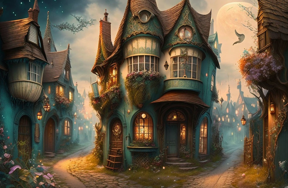 Fantasy village at dusk: stylized houses, full moon, enchanted paths.