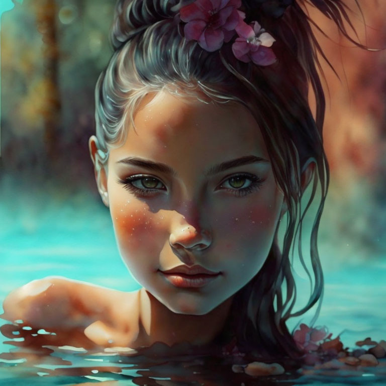 Girl with Flowers in Hair Submerged in Water Portrait