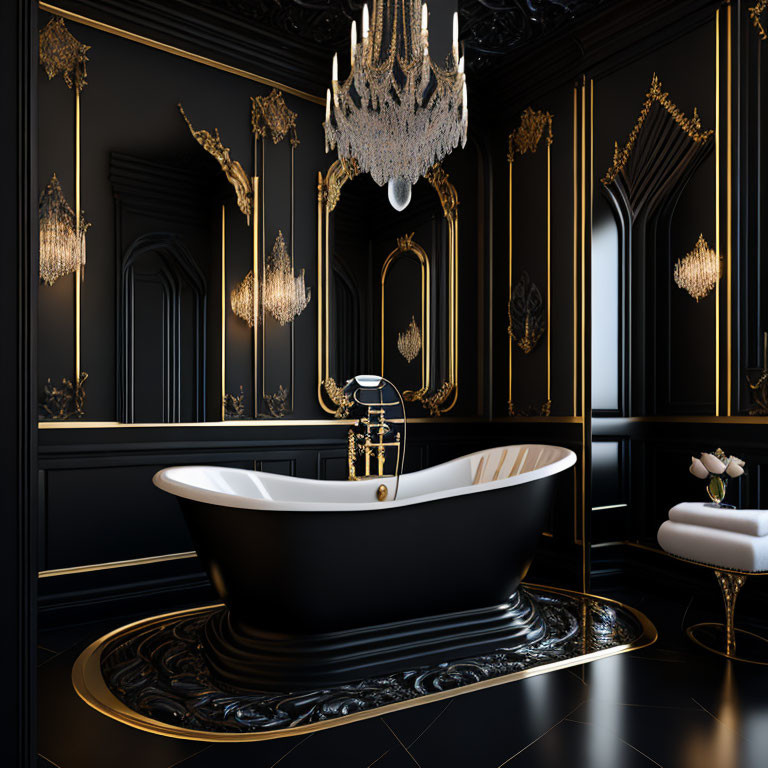 Luxurious Black and Gold Bathroom with Freestanding Bathtub