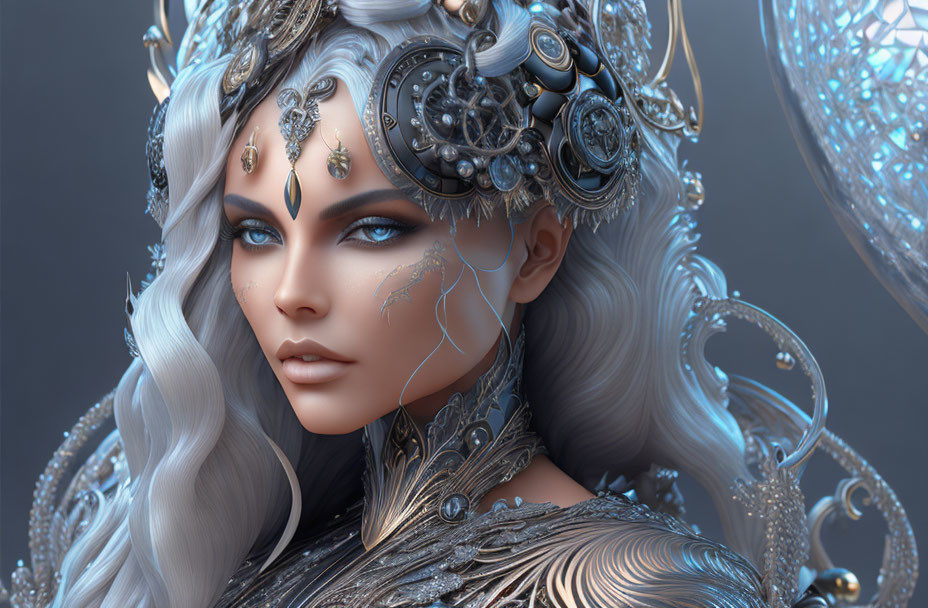 Digital Artwork: Woman with Silver Hair in Elaborate Fantasy Armor