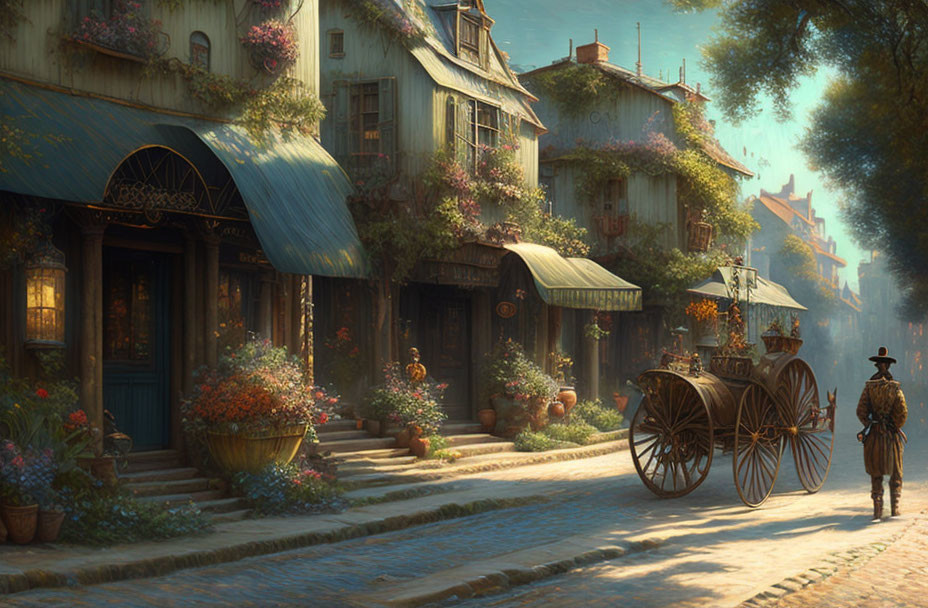 Vintage houses, blooming flowers, horse-drawn cart, and solitary figure on tranquil street