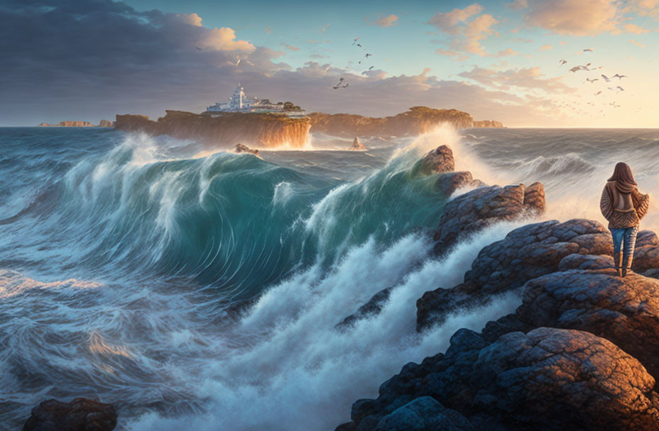 Rocky shores with large waves, distant lighthouse, seagulls in golden-hour light