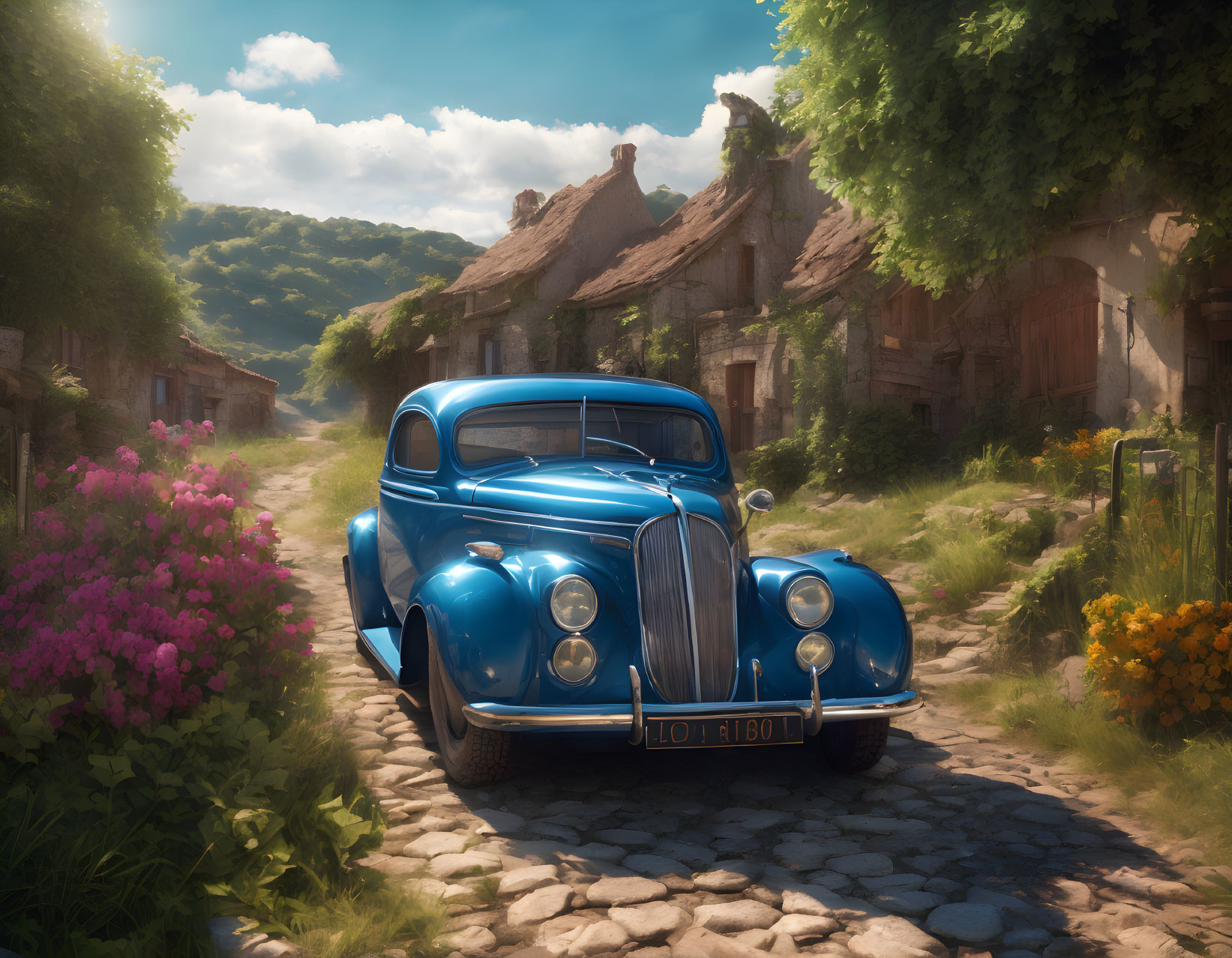 Vintage blue car on cobblestone road in rural village with blooming flowers and rustic houses under sunny