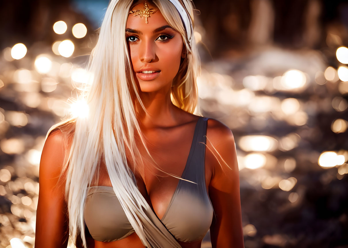 Blonde woman in bikini with headpiece in warm bokeh-lit setting