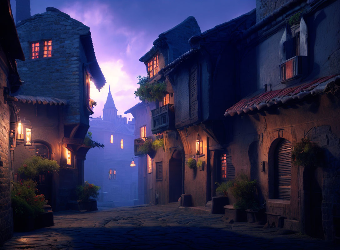 Medieval village with glowing lanterns and castle silhouette at twilight