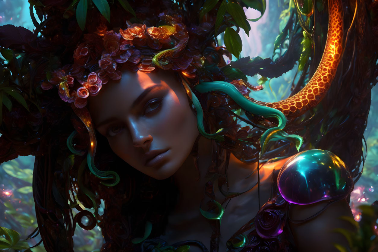 Digital artwork: Woman with floral crown, glowing orbs, and vines in mystical forest