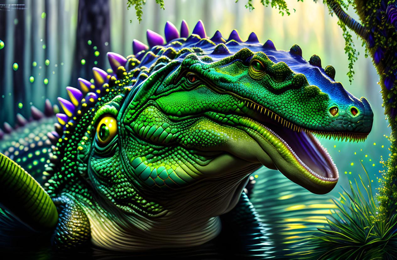 Colorful Stylized Crocodile Artwork with Forest Background