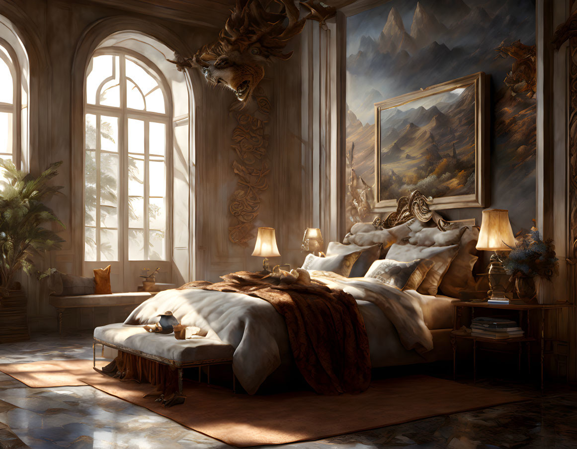 Spacious bedroom with natural light, large bed, ornate furniture, dragon head mount, paintings,