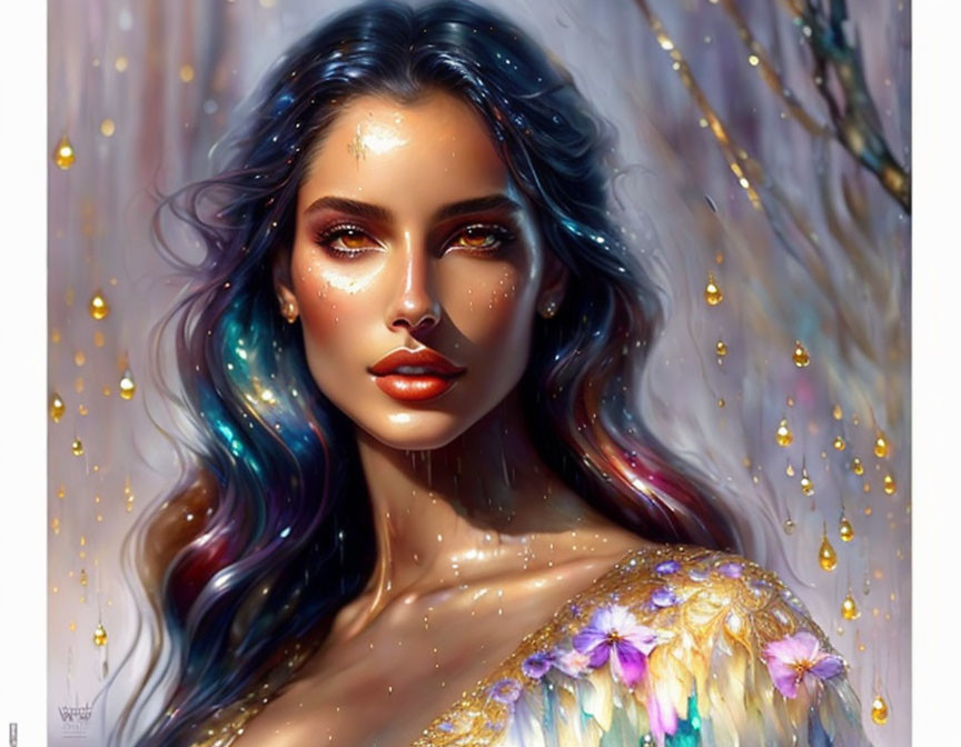 Woman with Blue and Purple Hair, Golden Freckles, and Flower Shoulder Art