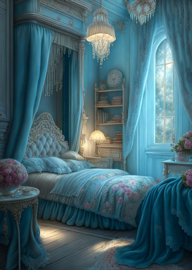 Luxurious Blue Bedroom with Four-Poster Bed and Chandeliers