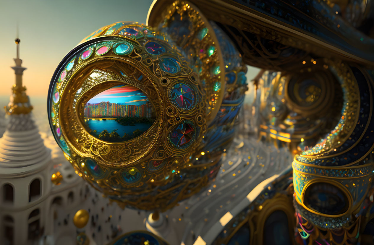 Golden spherical structures with gem inlays and intricate designs overlooking cityscape at sunset