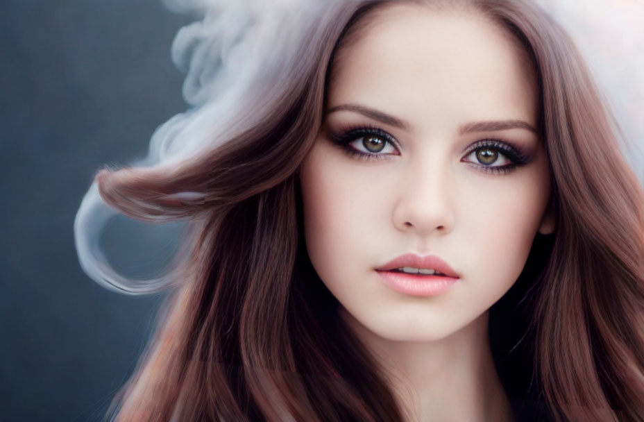 Young woman's close-up portrait with flowing hair and brown eyes