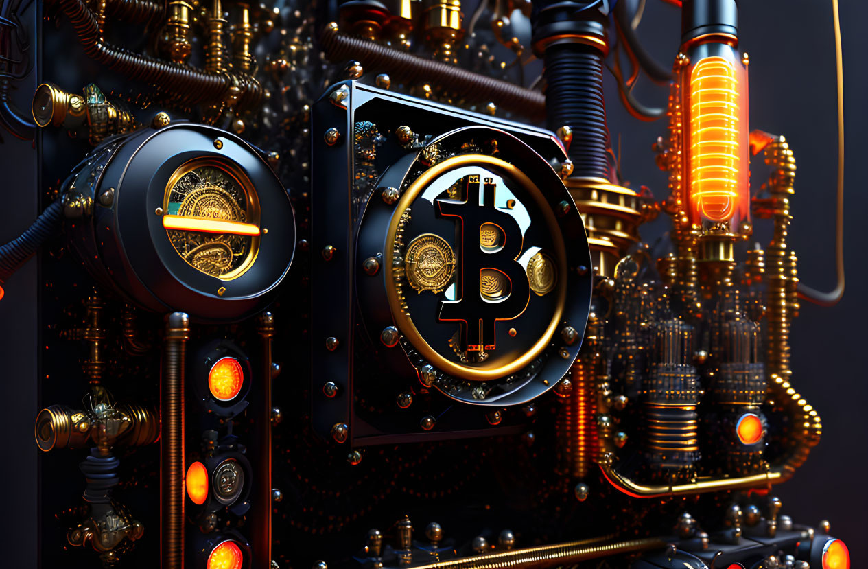 Detailed 3D illustration of mechanical setup with Bitcoin logo amidst glowing tubes, gears, and dials