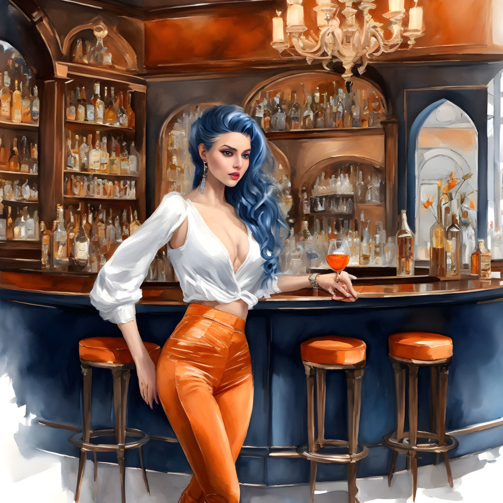 Woman with Blue Hair Leaning on Bar with Drink