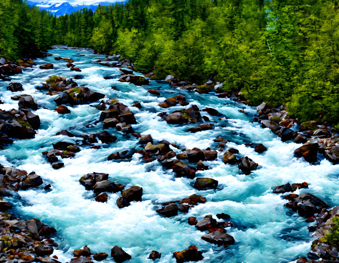 Turquoise River Flowing Over Dark Rocks in Lush Green Setting