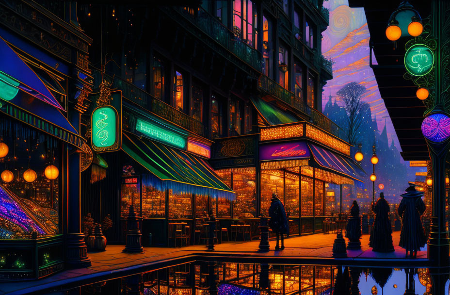 Nocturnal street scene with illuminated shops and pedestrians