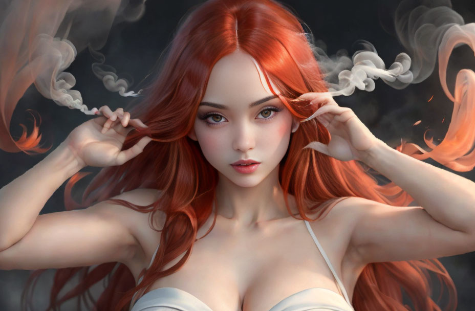 Illustration of woman with red hair and expressive eyes surrounded by white smoke