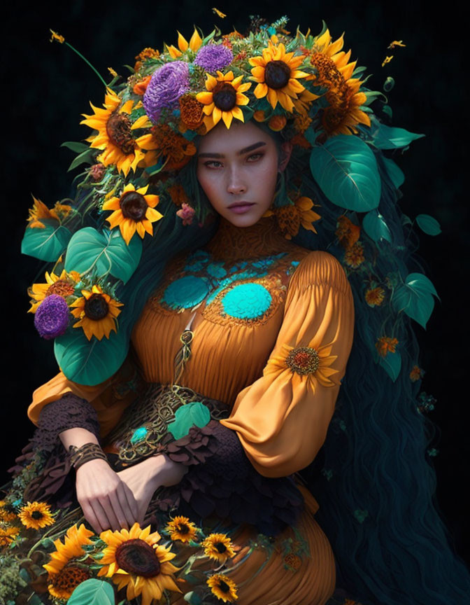 Woman with Sunflowers and Blooms in Hair and Dress on Dark Background