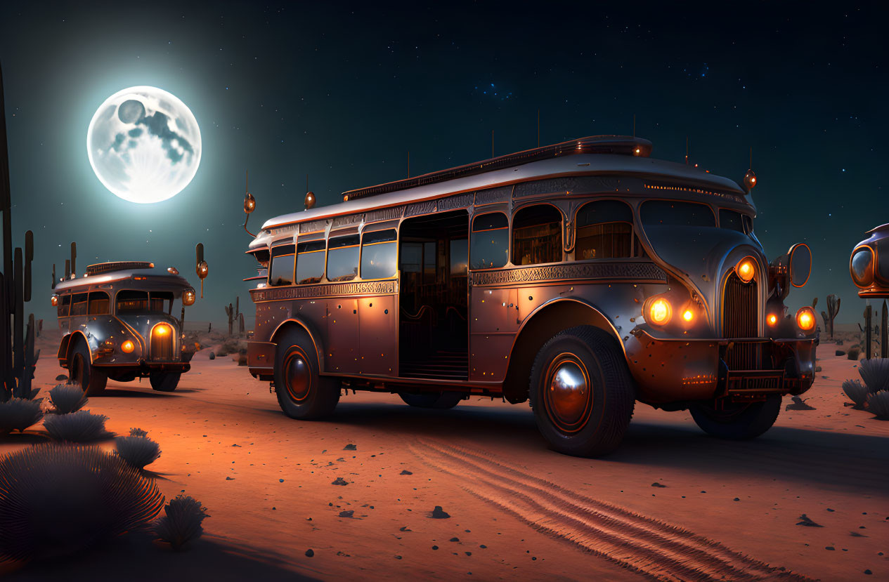 Vintage Buses with Glowing Lights in Desert Night