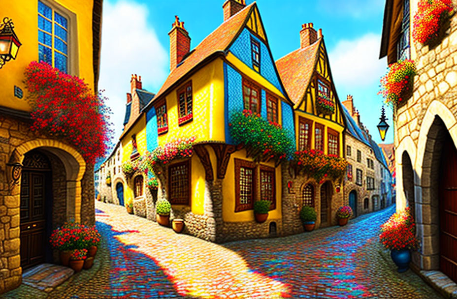 Vibrant Medieval European Street with Cobblestone Road