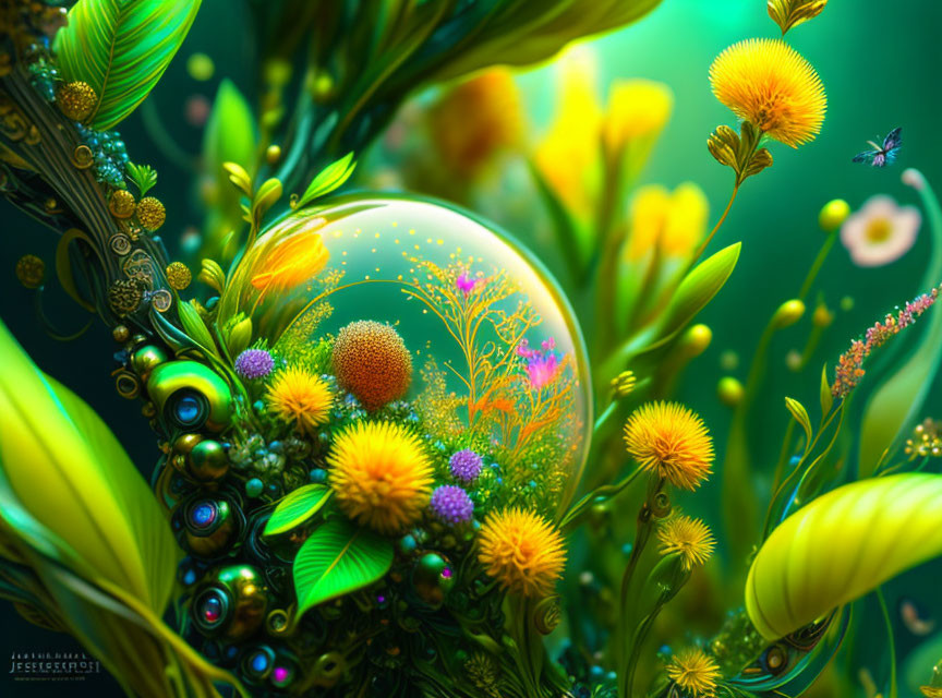 Colorful digital artwork of glowing orbs, iridescent plants, and ethereal creature