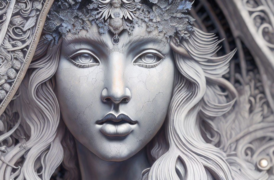 Detailed Fantasy-Style Statue with Ornate Headdress and Cracked Stone Texture