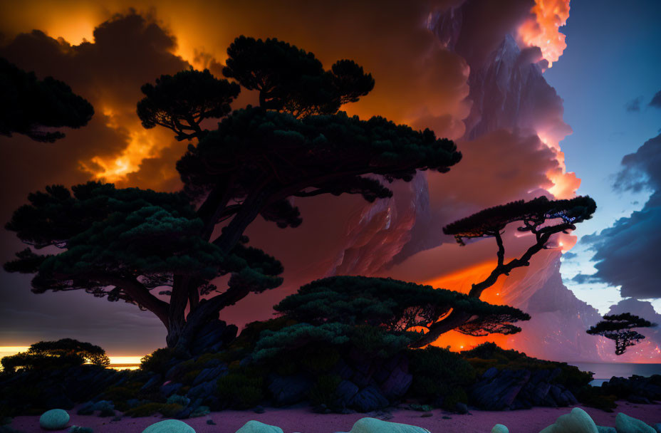 Orange clouds over silhouetted trees and rocky landscape at twilight