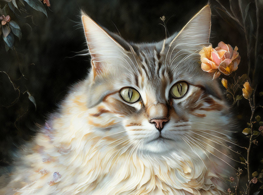 Tabby cat with amber eyes in blossoming branches.