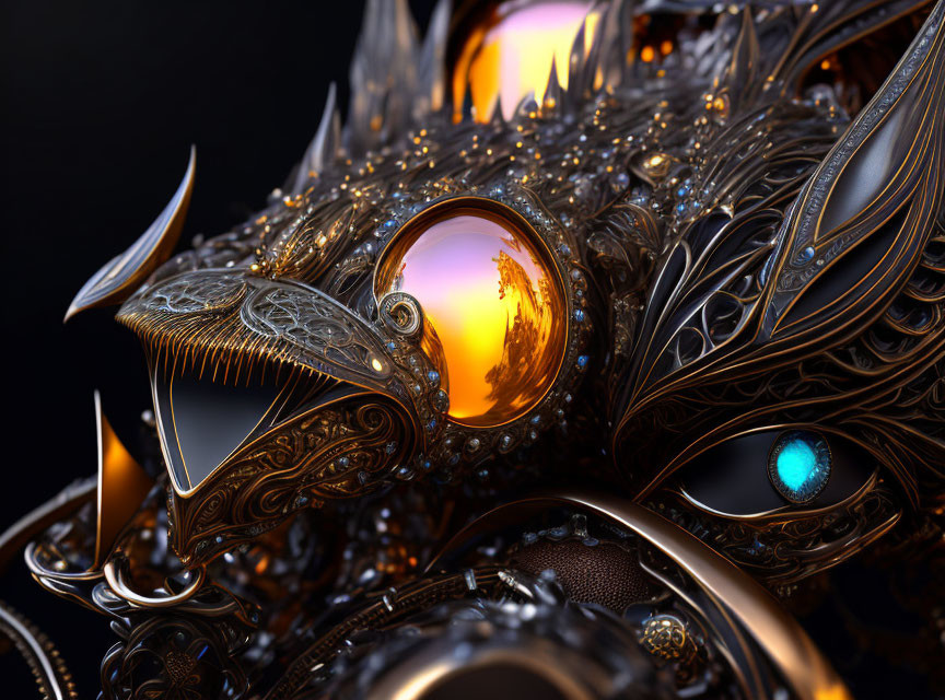 Steampunk-inspired mechanical dragon head with glowing orange eyes and ornate metallic details.