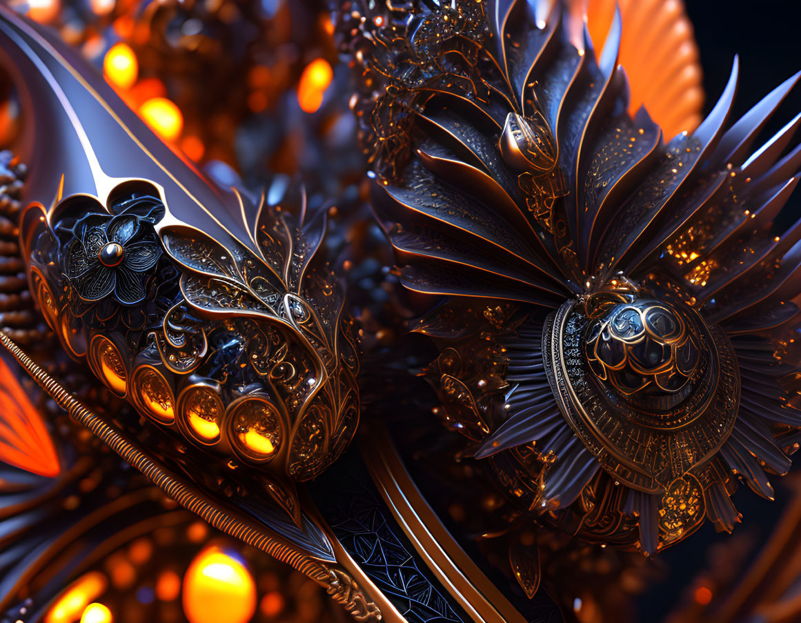 Detailed metallic floral patterns with glowing orbs in warm amber tones