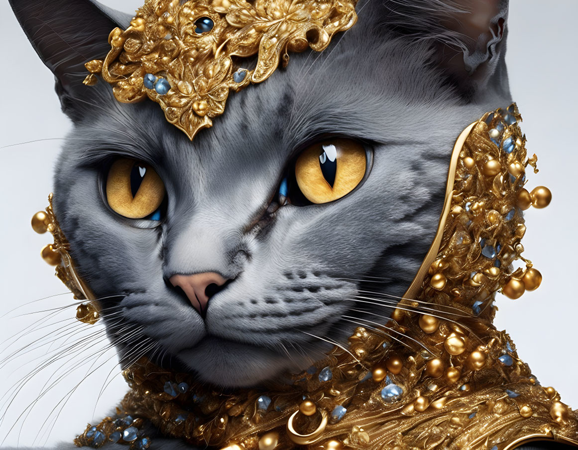 Grey Cat with Yellow Eyes in Gold & Blue Jewels