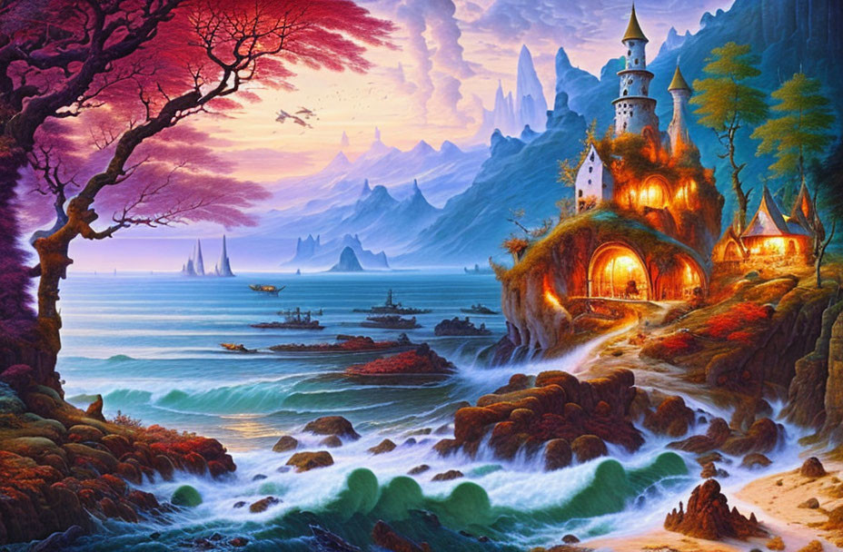 Illuminated castle on hillside by the sea with ships & mountains