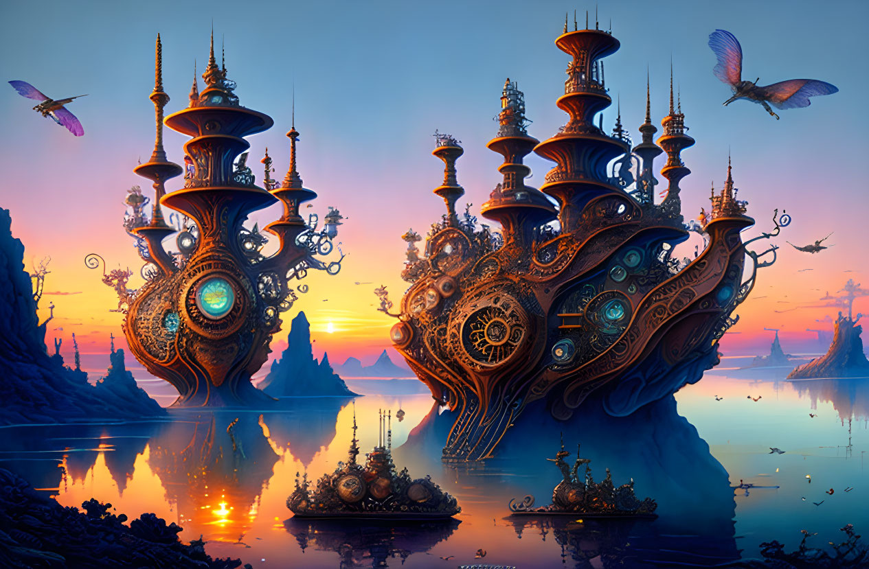 Steampunk sunset landscape with floating structures and ships on calm water.