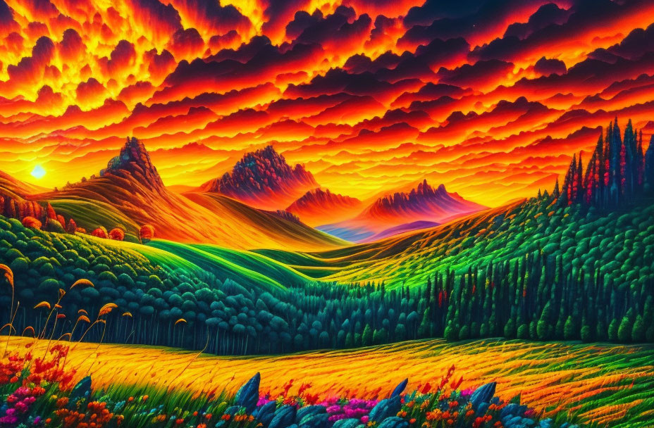 Colorful landscape with hills, forests, mountains, and sunset sky