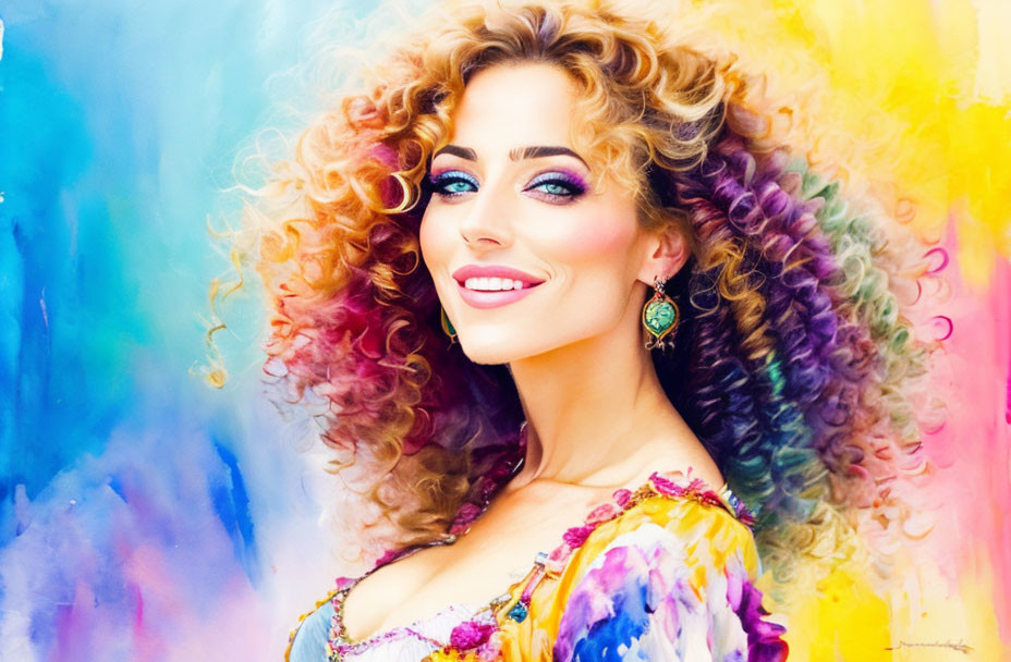 Colorful Abstract Background with Smiling Woman and Curly Hair