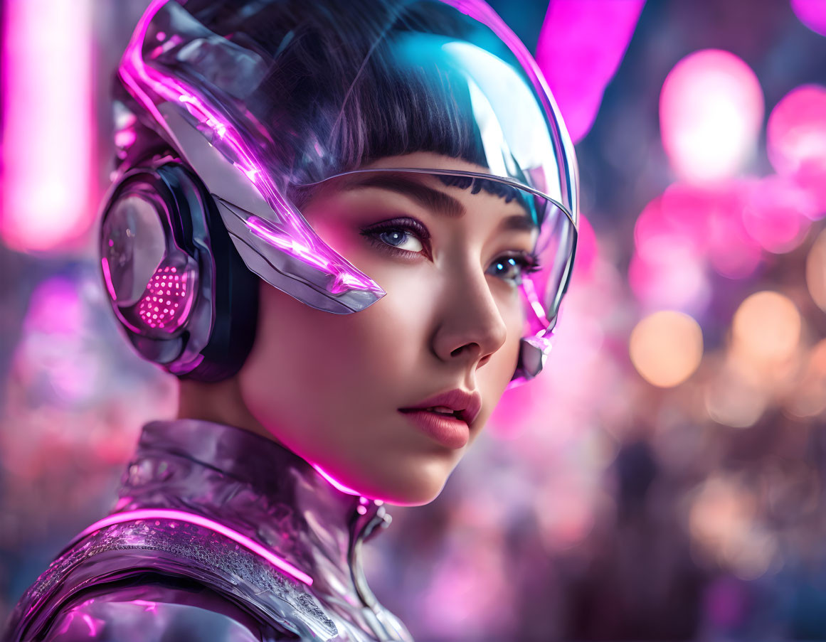 Female character in cybernetic suit with futuristic headset on neon background