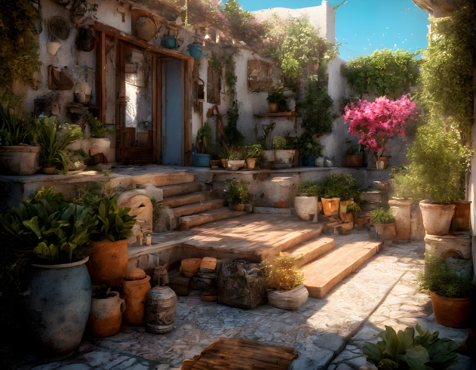 Charming courtyard with pink bougainvillea, stone steps, potted plants