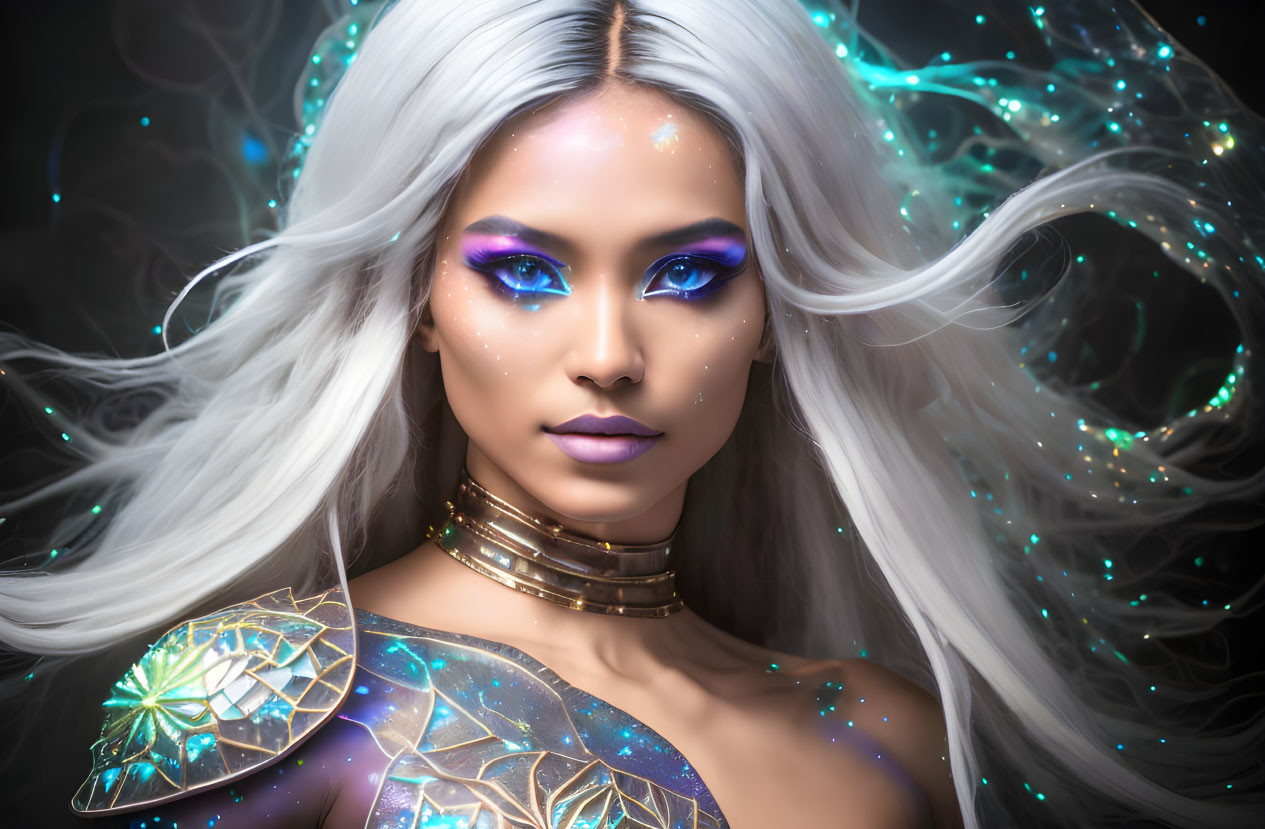 Woman with blue and purple makeup, white hair, golden armor & turquoise accents