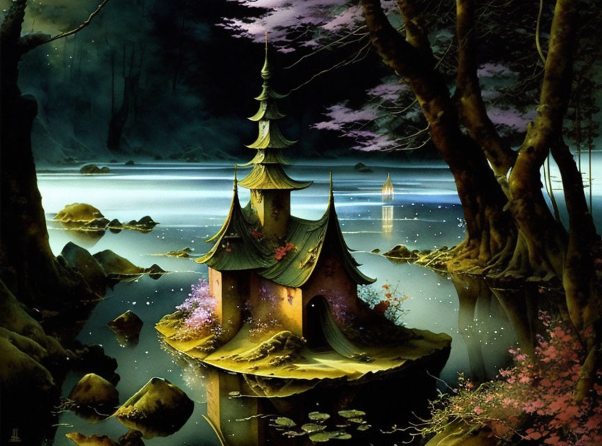 Fantasy landscape with pagoda-style house on island at night